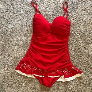 Profile By Gottex Red and White One Piece Swimsuit with Ruffle Detail